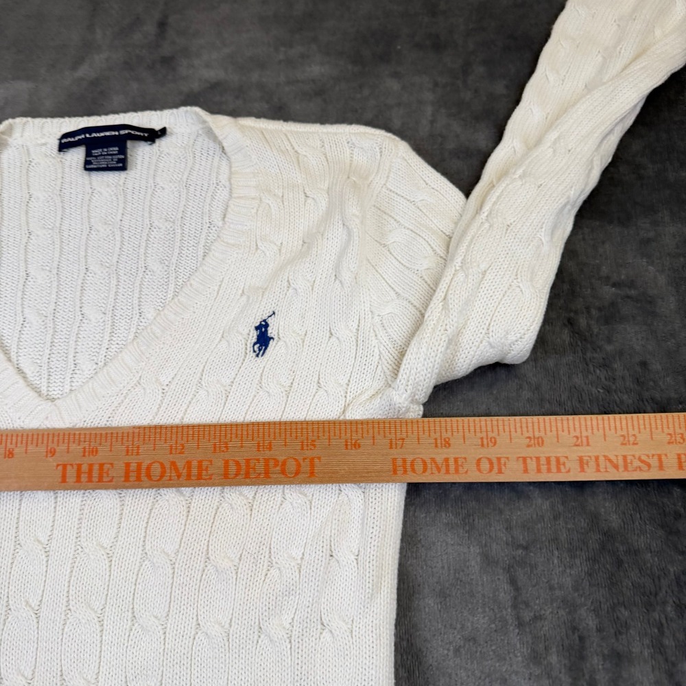 Ralph Lauren Sport Cable Knit Sweater Womens Large White V Neck Cotton - Picture 6 of 9